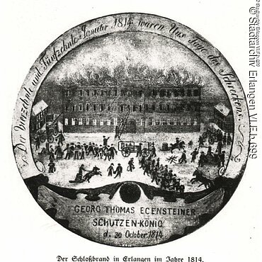 Schützenscheibe 1814 mit Darstellung des Erlanger Schlossbrands