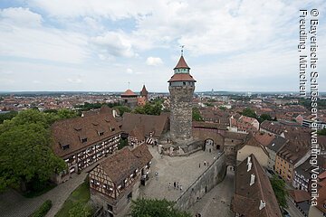 Nürnberg, Kaiserburg, Blick vom Heidenturm in den Äußeren Burghof mit Tiefem Brunnen und Sinwellturm