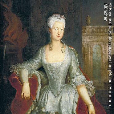 Porträtgemälde, Markgräfin Wilhelmine von Brandenburg-Bayreuth, Werkstatt des Antoine Pesne, um 1734, Inv. BayNS.G0028. Bayreuth, Neues Schloss, R.1