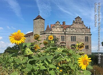 Cadolzburg bei Fürth (Nürnberg), Blick von Süden auf die Hauptburg mit Sonnenblumen im Burggarten
