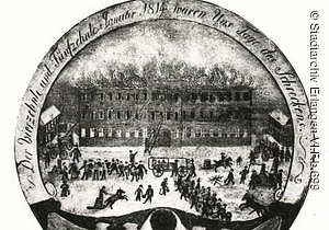 Schützenscheibe 1814 mit Darstellung des Erlanger Schlossbrands